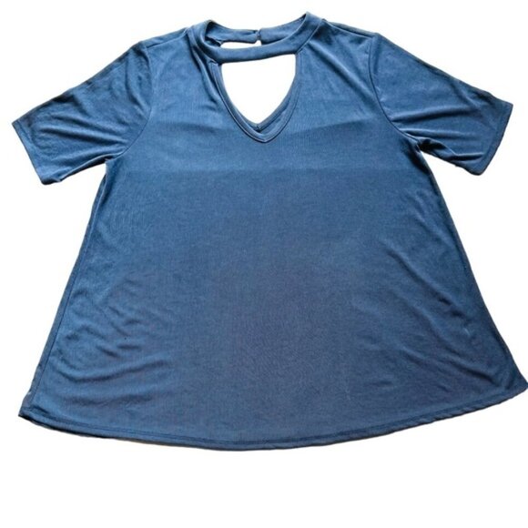 Kim & Cami blouse swing a-line rib fabric keyhole front back denim blue size L - Picture 1 of 12
